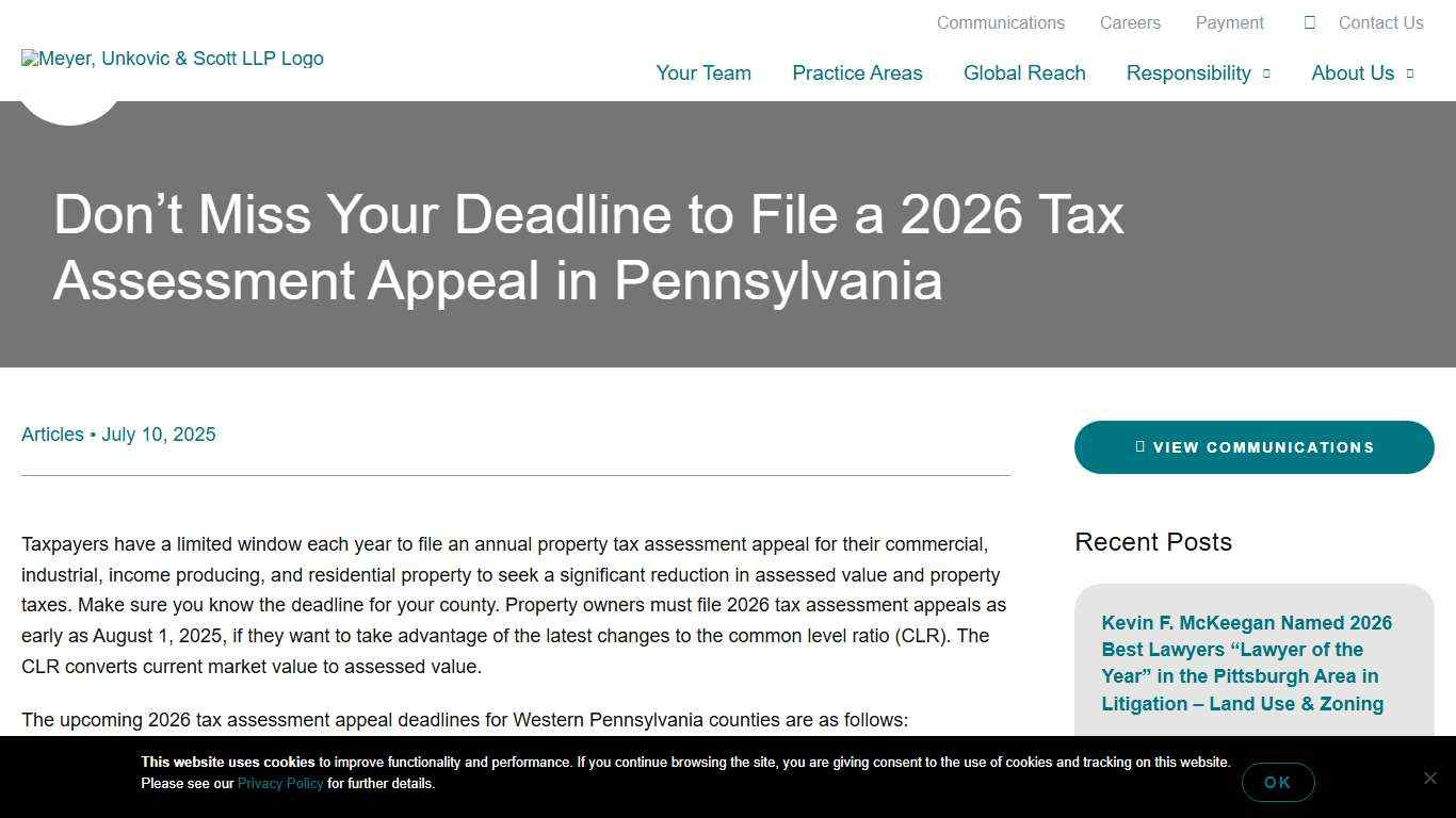 Don’t Miss Your Deadline to File a 2026 Tax Assessment Appeal in Pennsylvania - Meyer, Unkovic & Scott LLP