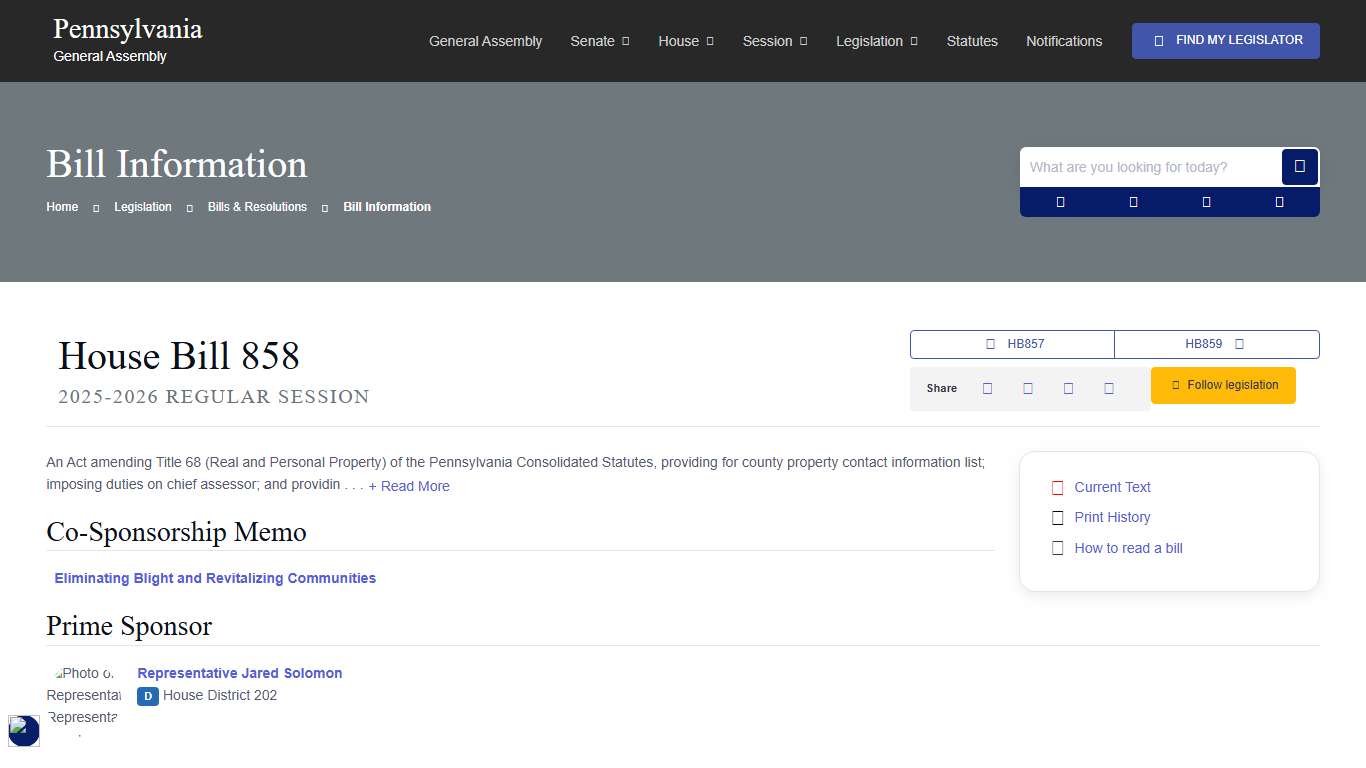 House Bill 858 Information; 2025-2026 Regular Session - The Official Website of the Pennsylvania General Assembly